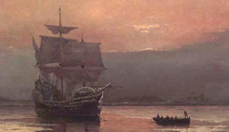 1. Mayflower in Plymouth Harbor William Halsall 1882.jpg
